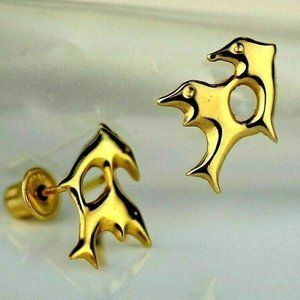 Solid 14k Yellow Gold Double Dolphin Stud Earring with Screw Back Fastening